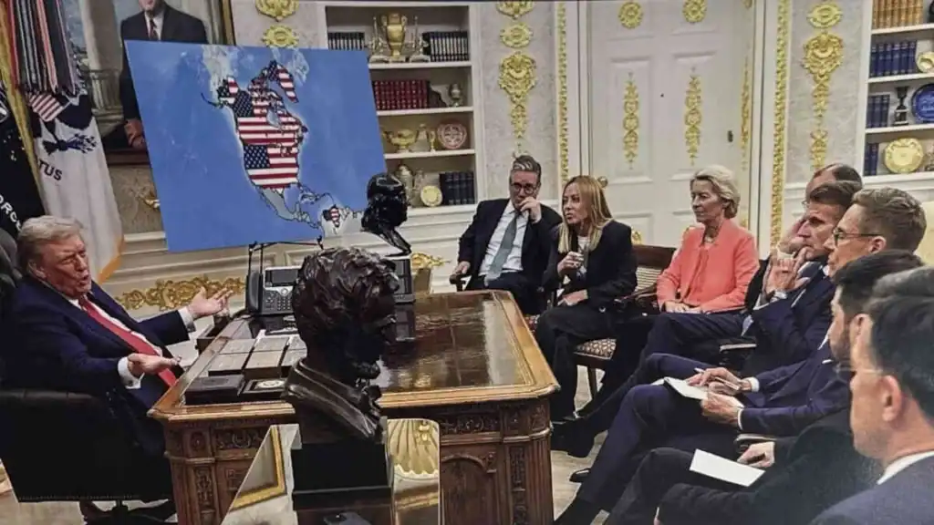 La imagen de Trump con el mapa de Venezuela, Canadá y Groenlandia con la bandera de EU, fue hecha con IA