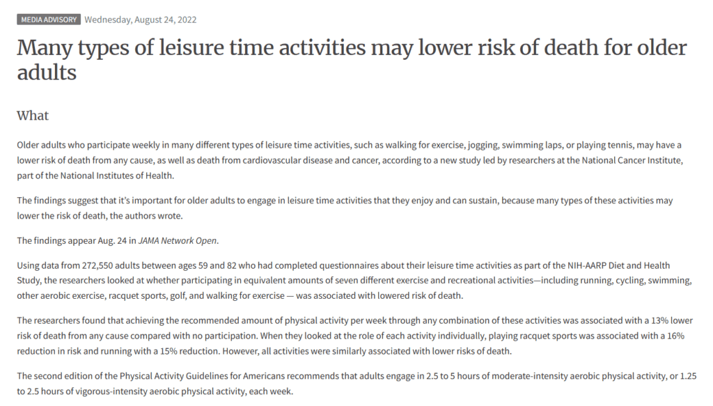 Muchos tipos de actividades de ocio pueden reducir el riesgo de muerte en los adultos mayores
