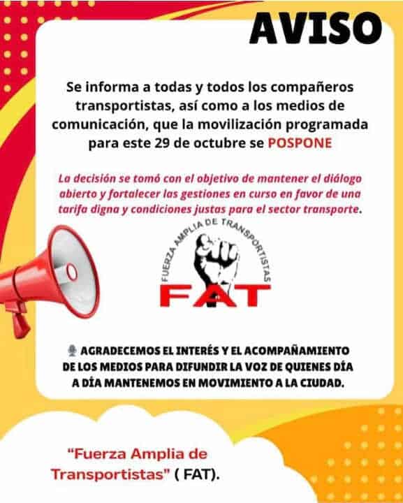 Anuncio: Se pospone movilización de 29 de octubre