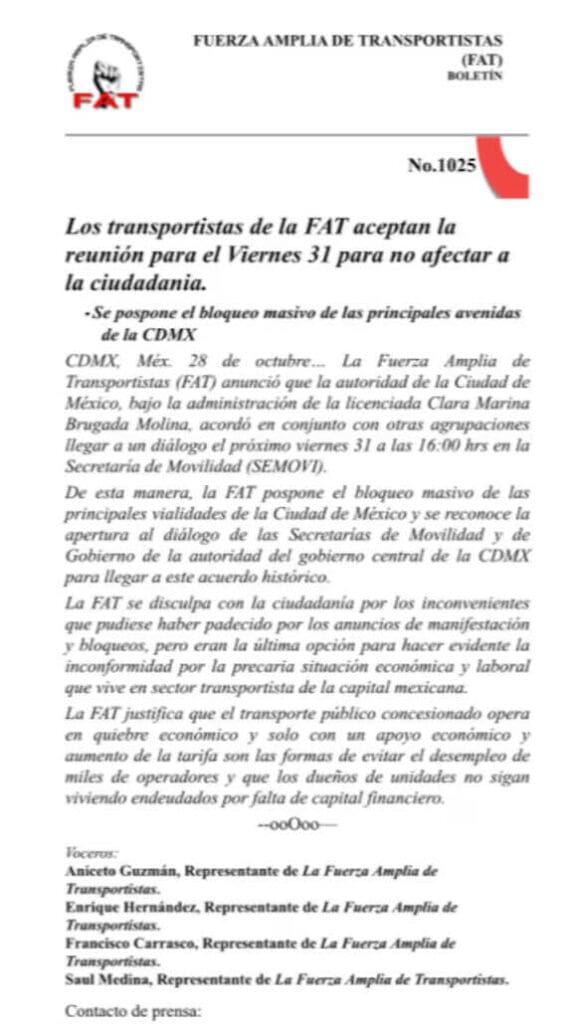 Mesa de negociación en la Secretaría de Movilidad el próximo viernes 31 de octubre